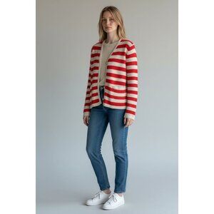 A New Day Womens XS Red White Striped Knit Cardigan Sweater Gold Button Pockets
